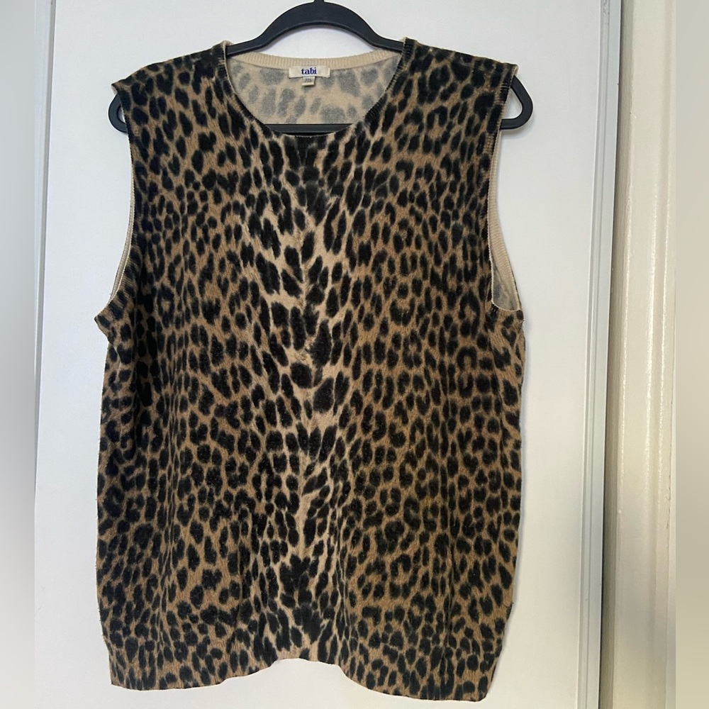 Vintage leopard animal print sweater vest wool knit sleeveless top, size XXL